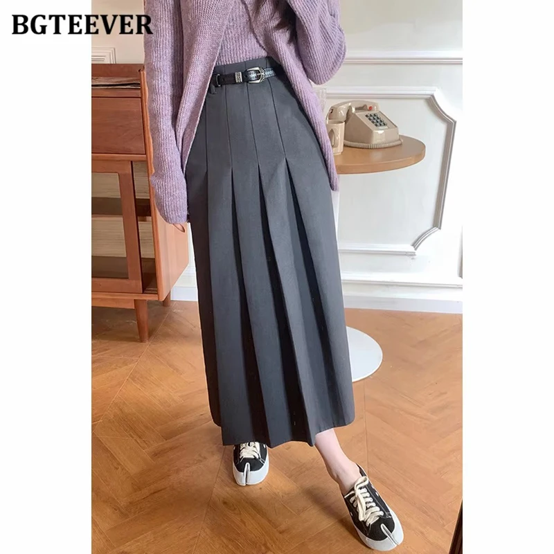 

BGTEEVER Stylish High Waist Solid Ladies A-line Skirts Spring Summer Loose Mid-length Women Pleated Skirts