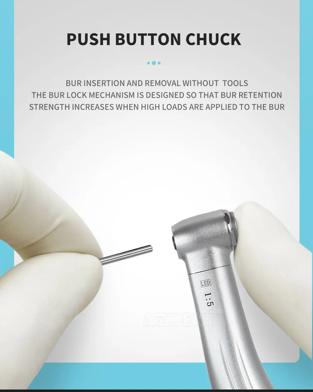 AZDENT Dental 1:5 Winkelstück mit Faseroptik-LED, Niedriggeschwindigkeits-Handstück, Druckknopf, interne 4 Sprays, Zahnarztinstrument – Detail 5