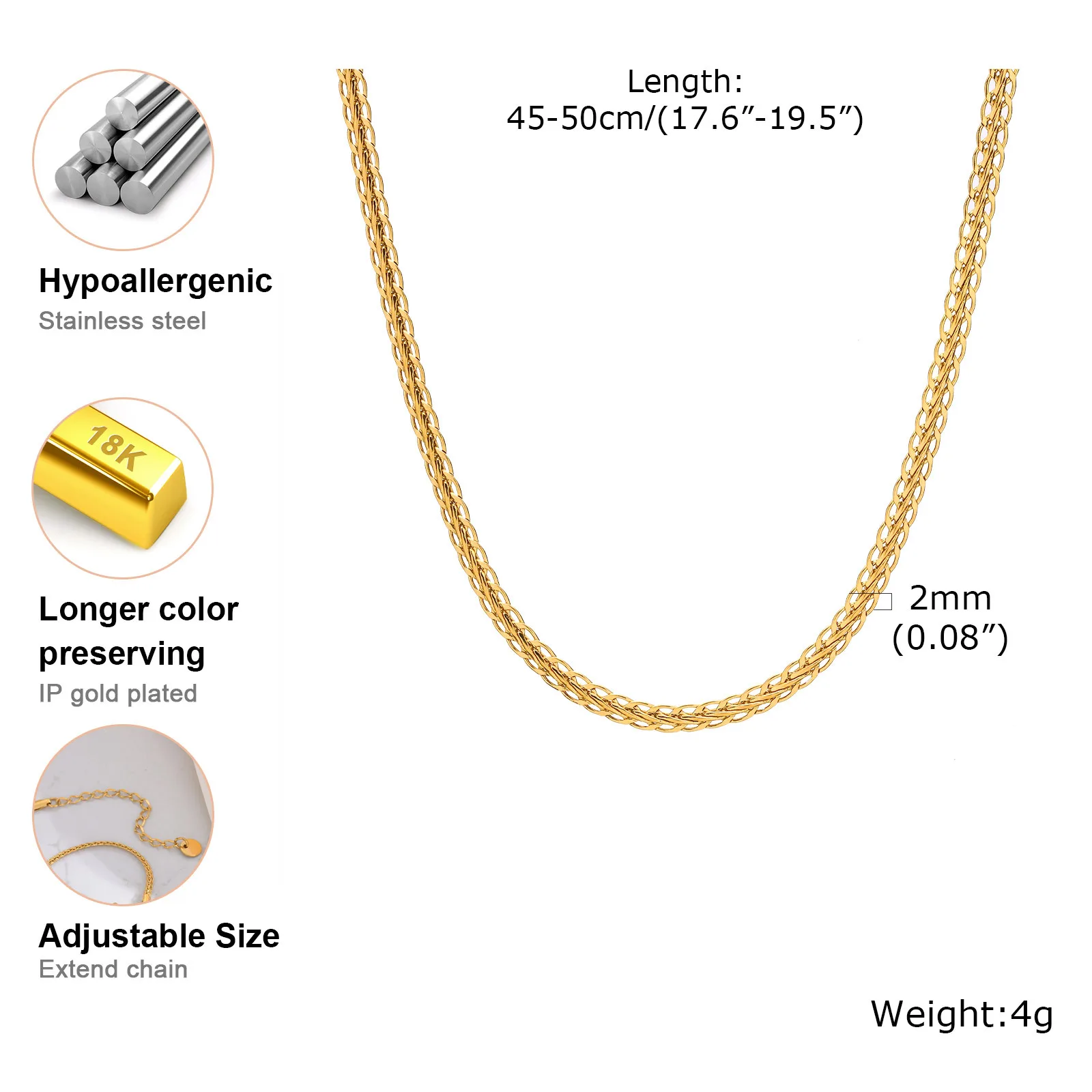 Vnox Handmade Woven Chain Necklaces for Men Women, Gold Plated Stainless Steel Square Franco Chain Necklaces Collar Jewelry