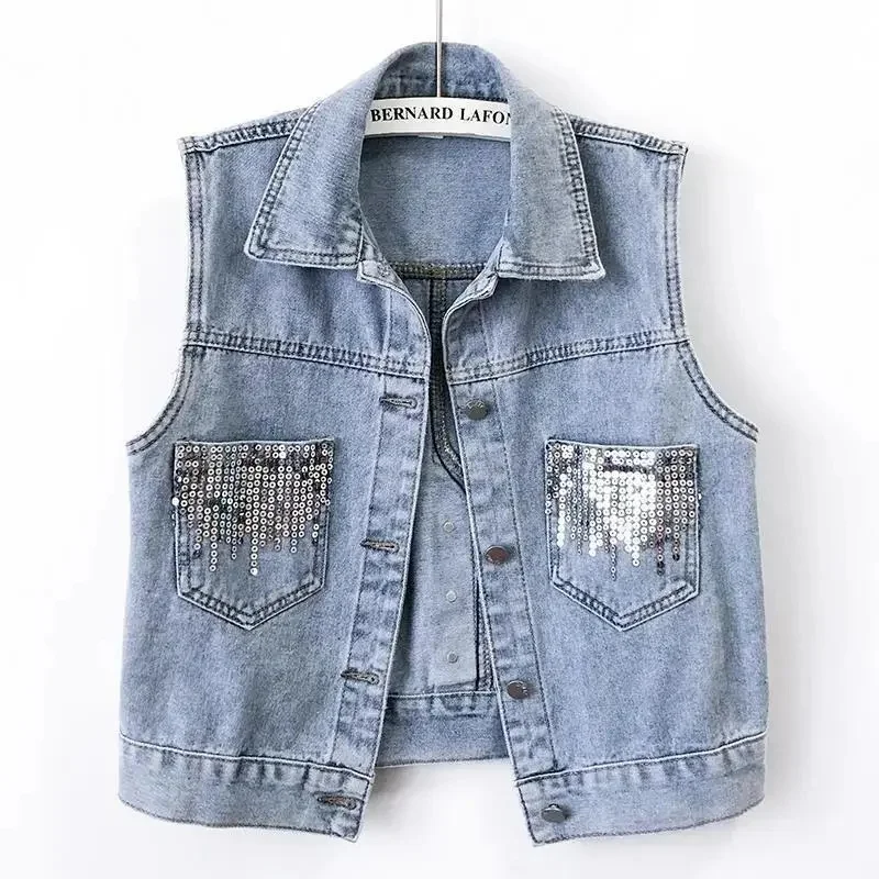 

Fashion Design Sequins Denim Vest Summer Autumn Women's Waistcoat 2022 New Korean Leeveless Denim Jeans Jacket Female Vest Tops