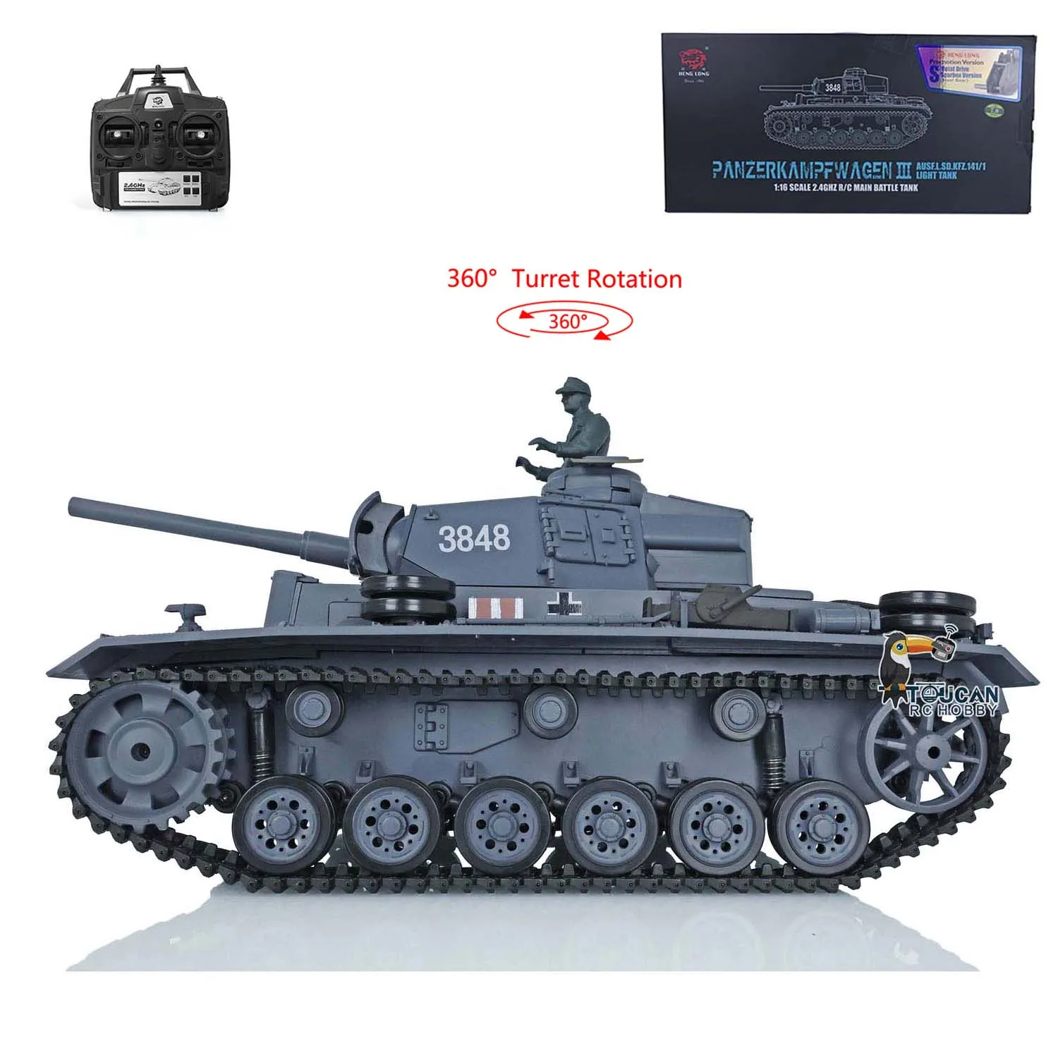 2.4G Heng Long 1/16 Scale RC Panzer 7.0 Plastic German Panzer III L RTR RC Tank Model 3848 360° Turret Vehicle Toys TH17340