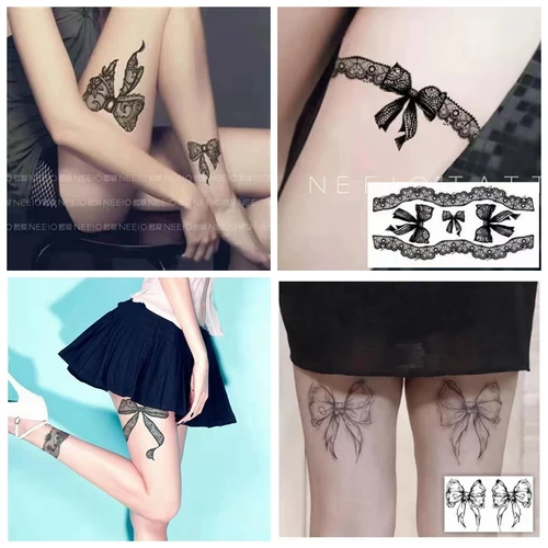 Pegatinas de tatuaje temporal impermeables con lazo de encaje para mujer, ondas de muslo, pecho, moda, tatuaje falso para mujer