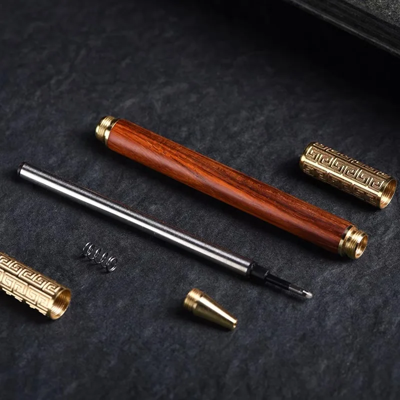 Red Santos Rose Wood Golden Hoop Pen Personality Creative Wood-Carving Pen Signature Pen Lifting Pen Fixed Qiankun Long15cm Gift