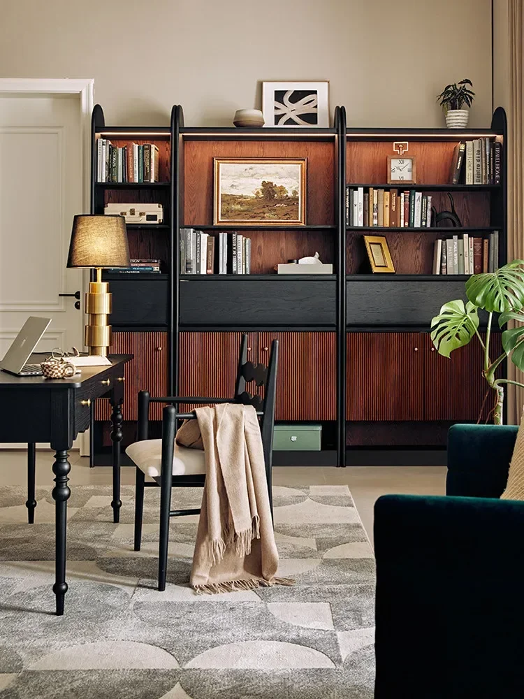 French Retro Bookcase Integrated Whole Wall Combination Solid Wood Living Room Display Cabinet