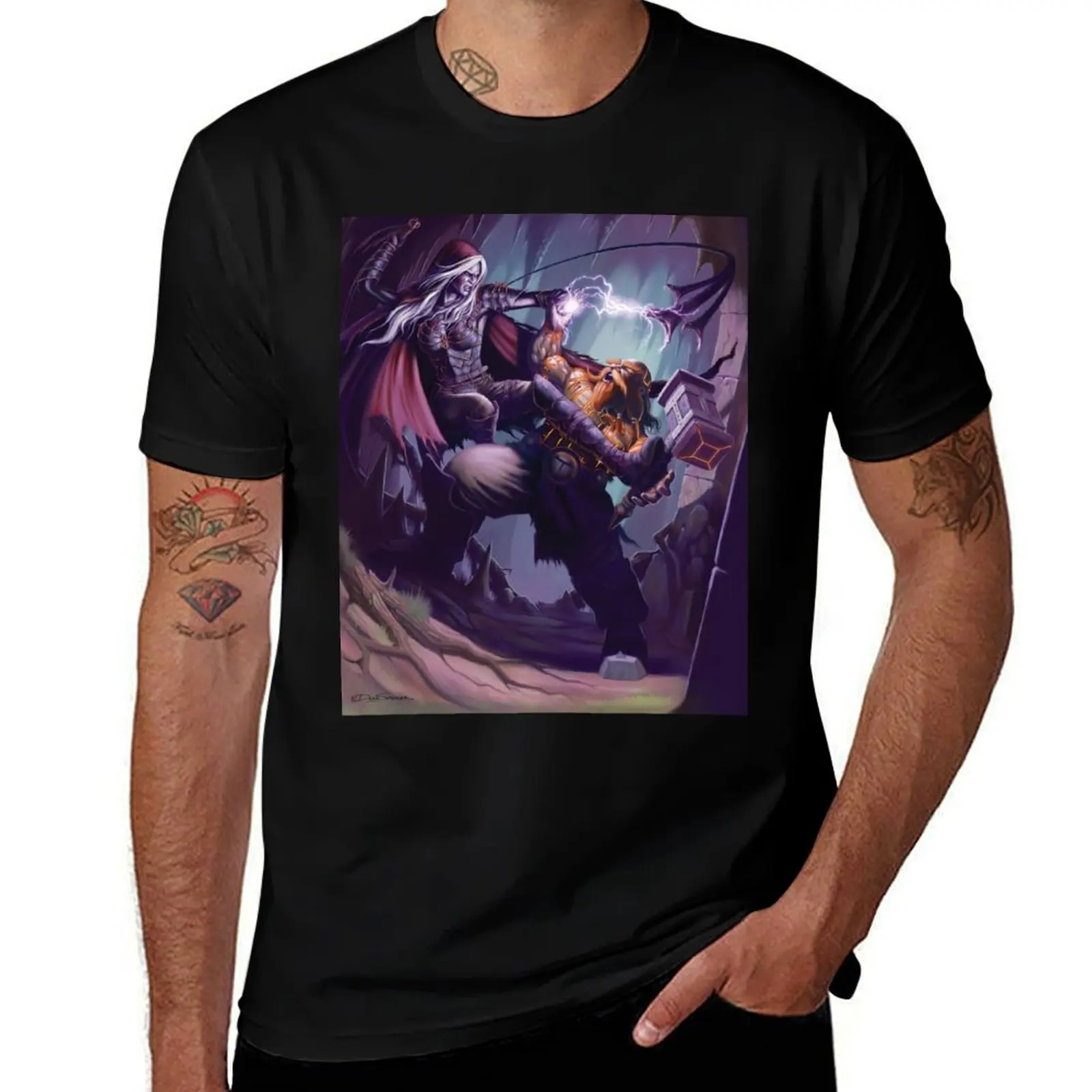 Dark Elf Priestess vs Dwarf Rune-caster T-Shirt Work Basic Short Sleeve Top T-Shirt