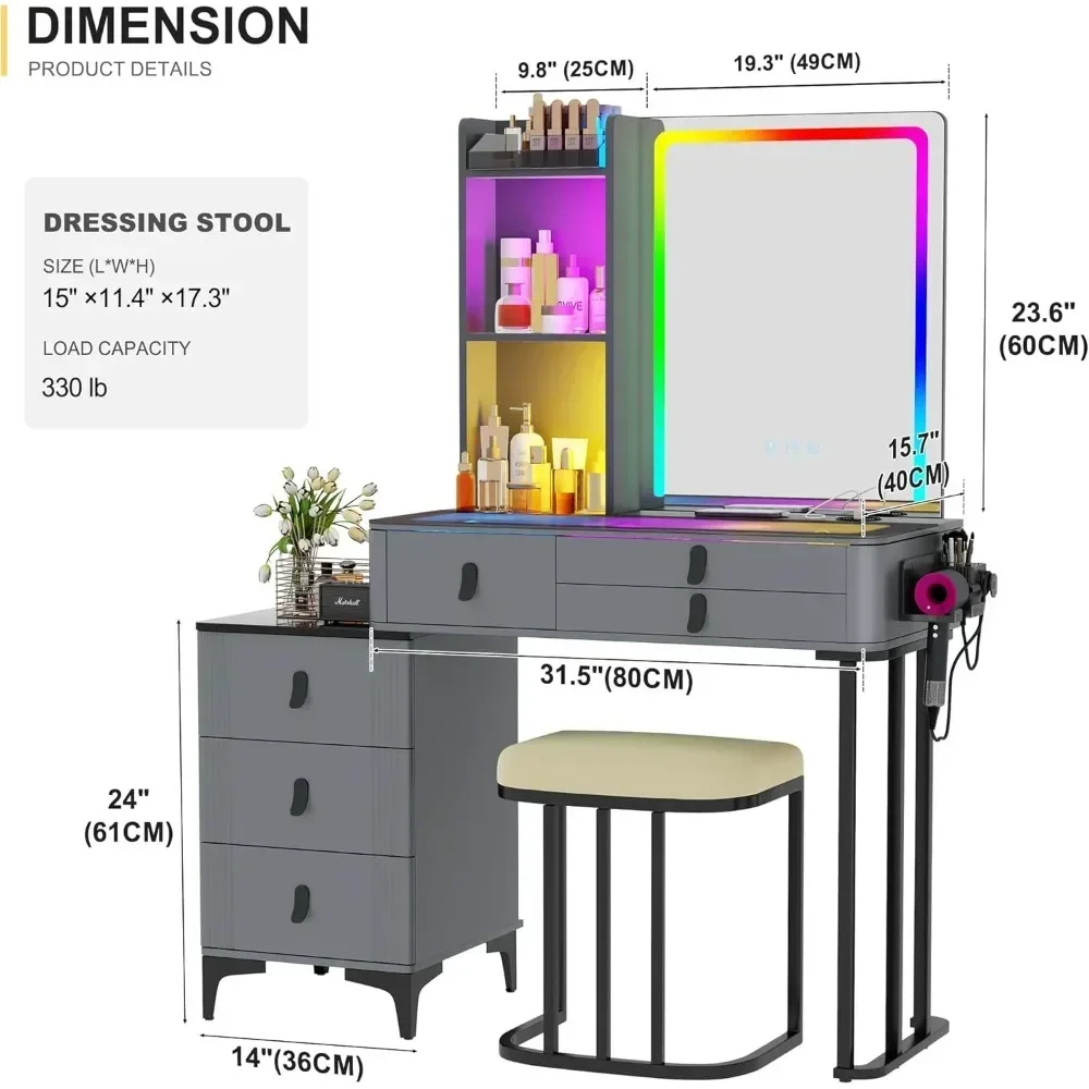 RGB dressing table with mirror and lamp, glass top dressing table, wireless charging station with chair and 6 drawers16Dx47Wx54H