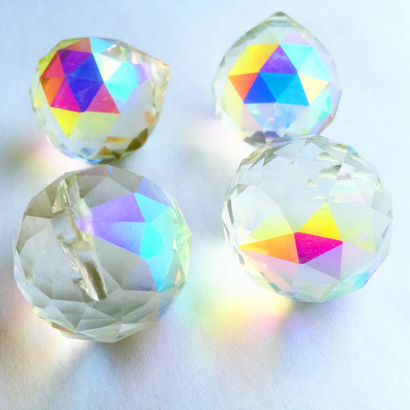 

Top Quality 6pcs 40mm Rainbow Crystal Faceted Chandelier Light Balls (Free Rings) Glass Feng Shui Spheres Home Party Decoration