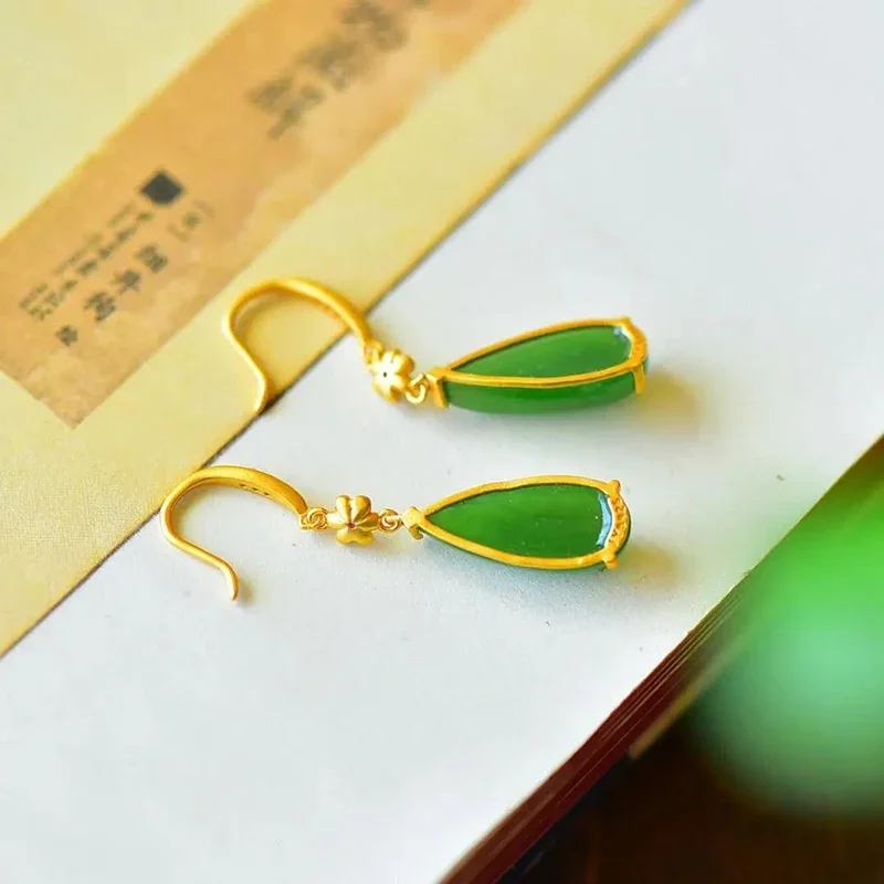 Designer original new flower inlaid drop-shaped Hetian jade earrings classical Chinese style ladies  jewelry
