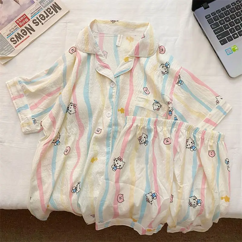 

Sanrio Hello Kitty Women's Pajamas Sets Kawaii Cartoon Student Summer Sleepwear Short Sleeve Shorts Nightgowns Home Clothes New