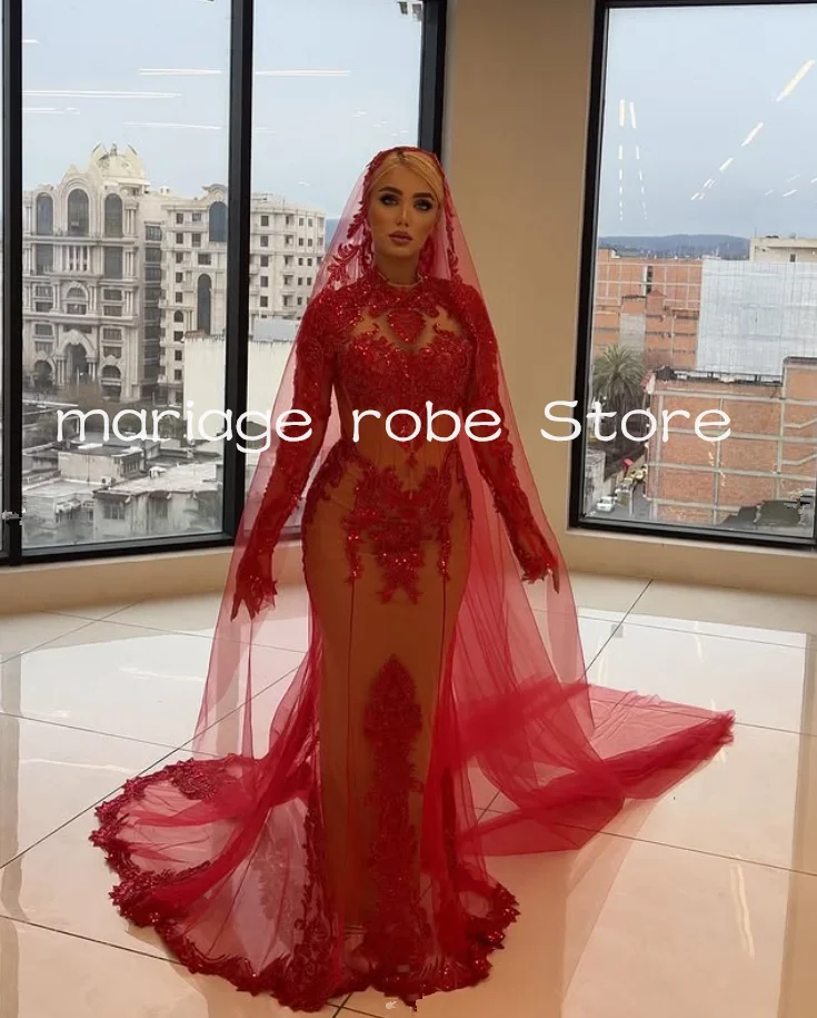 Red Champagne Mermaid Wedding Dresses Sparkly Crystal Applique Long Sleeve High Neck Garden Bride Gown Garment Customsized