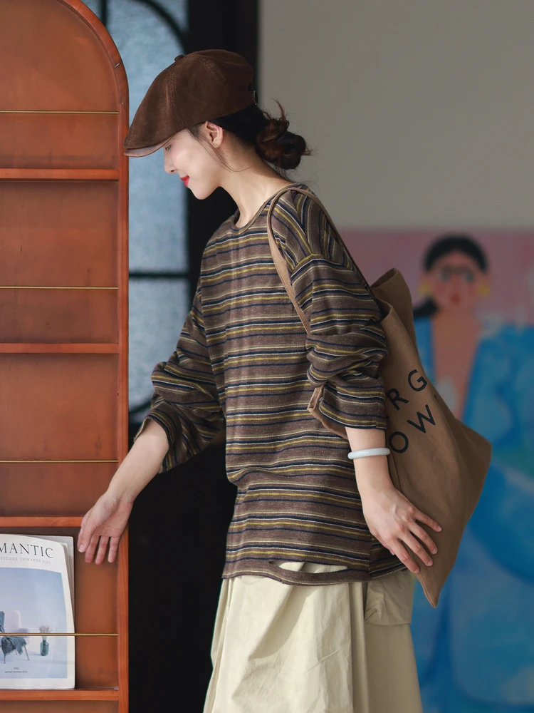 

Женская свободная футболка с длинным рукавом, весна 2026, новая модель, с эффектом похудения, винтажный стиль, хлопок/полиэстер, с эластичными вставками и прорезями