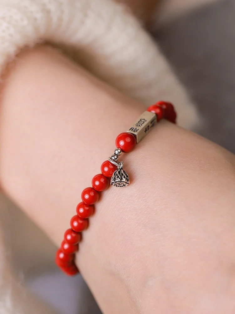 

Natural Ore Cinnabar Red Sand Bracelet s925 Silver Ruyi Lotus Bracelet Women's Chinese Style Transporter Jewelry