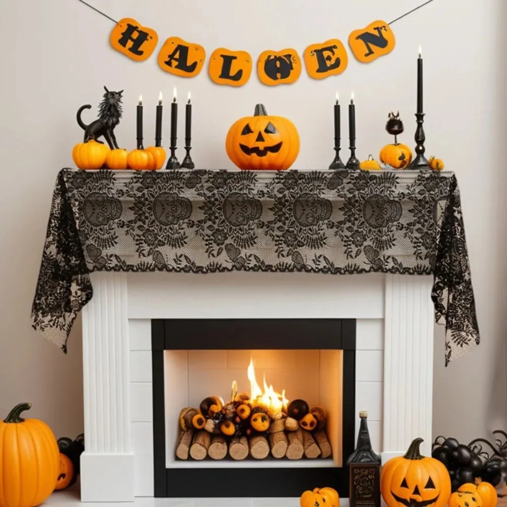 Black Lace Halloween Table Runner Skull Print Soft Fabric Party Gothic Decor Dining Table Decoration Home Decor Table Cloth