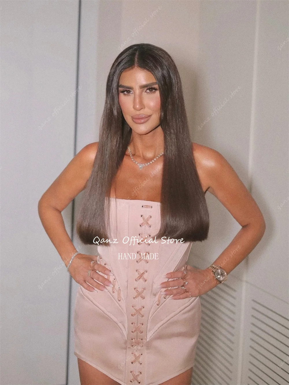 Qanz Pink Corset Prom Dresses Mini Sexy Wedding Guest Dresses Luxury 2026 Lace Up Back Cocktail Parties For Women Customized image 6