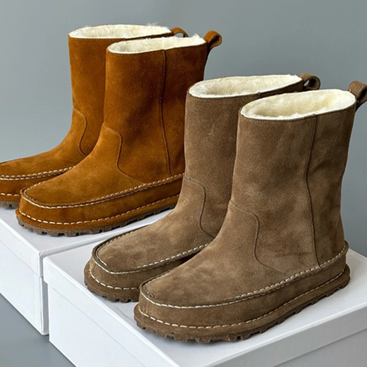 

Jenny&Dave Top Quality Cow Suede Wool Shoes Nordic Winter Snow Boots Women Retro Stitched Decorative Warm Shoes Ladies