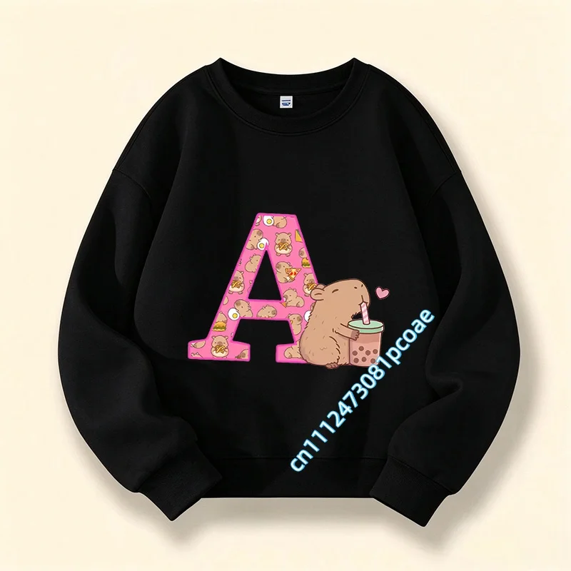 A-Z alphabet card Capibara children's crew-neck pullover boys' sports shirt girls' casual top cartoon print hooded shirt