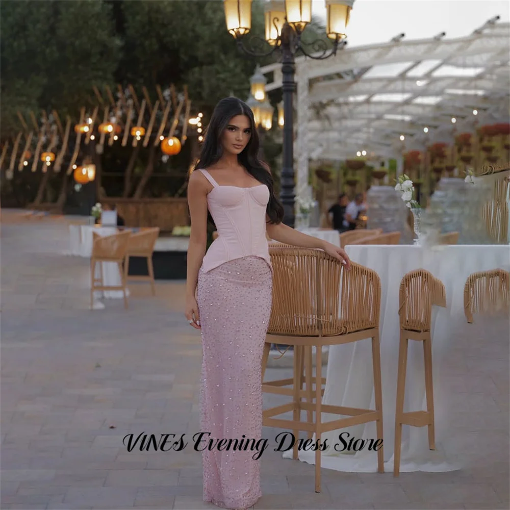 

VINES Pink Mermaid Prom Dresses Satin Corset Top Gala Dress Spaghetti Strap Saudi Arabic Evening Gown with Crystal Customized
