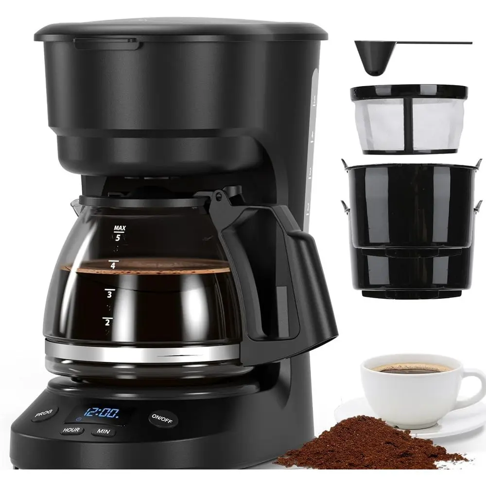 

Programmable 5-Cup Drip Coffee Maker with 24-Hour Timer, 2-Hour Warmth, Auto-Off, Pause and Serve, Reusable Filter, Glass Carafe
