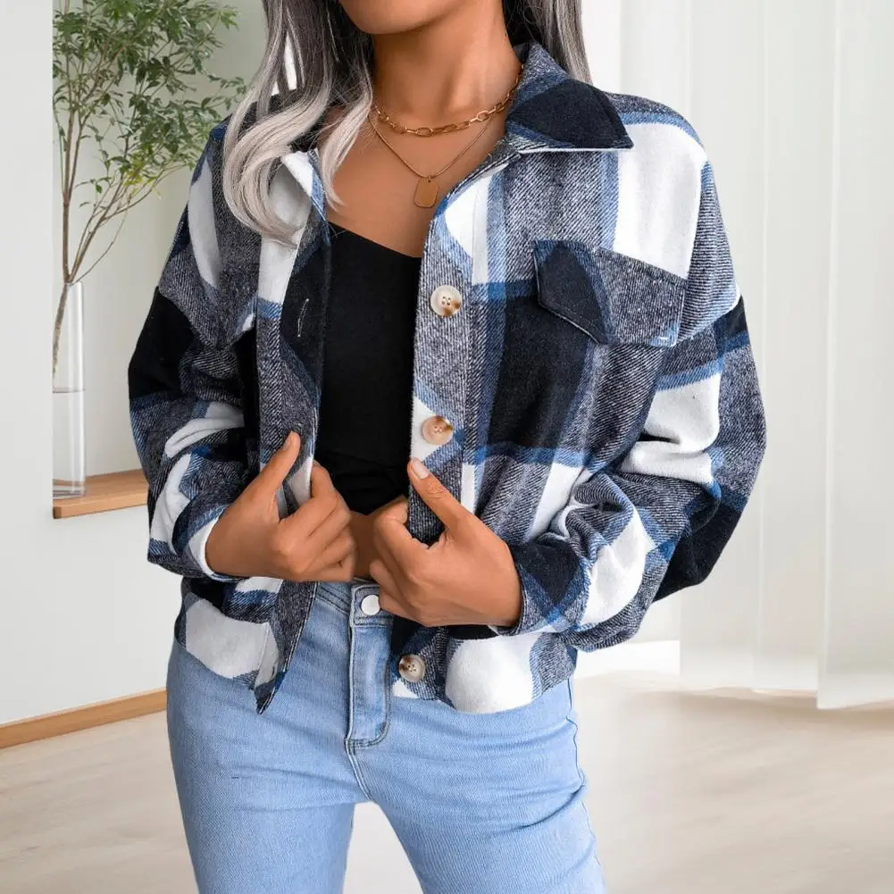 Women Plaid Jacket Short Jacket Stylish Plaid Print Women's Jacket with Turn-down Collar Fake Pocket for Fall for Commuting