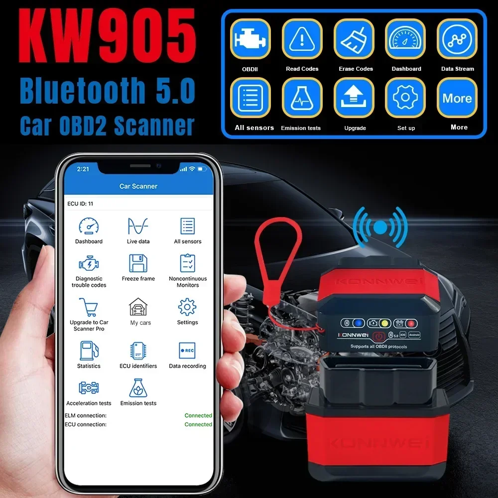 KW905 OBD2 Car Code Reader ELM327 V1.5 Engine Fault Scanner Tool Bluetooth 5.0 OBDII Code Reader Diagnostic Tool for Android/IOS