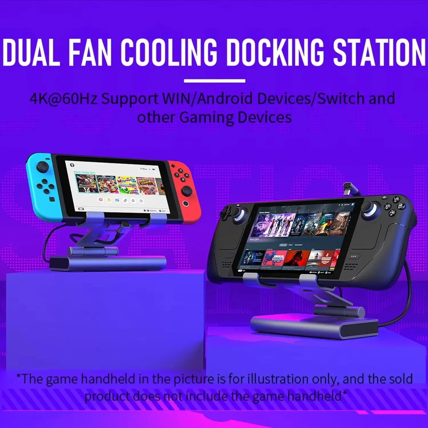 6 in 1 RGB Dual Fans Docking Station for ROG ALLY SteamDeck Game Console Dock Adjustable Height Dock Bracket with HDMI 4K@60Hz