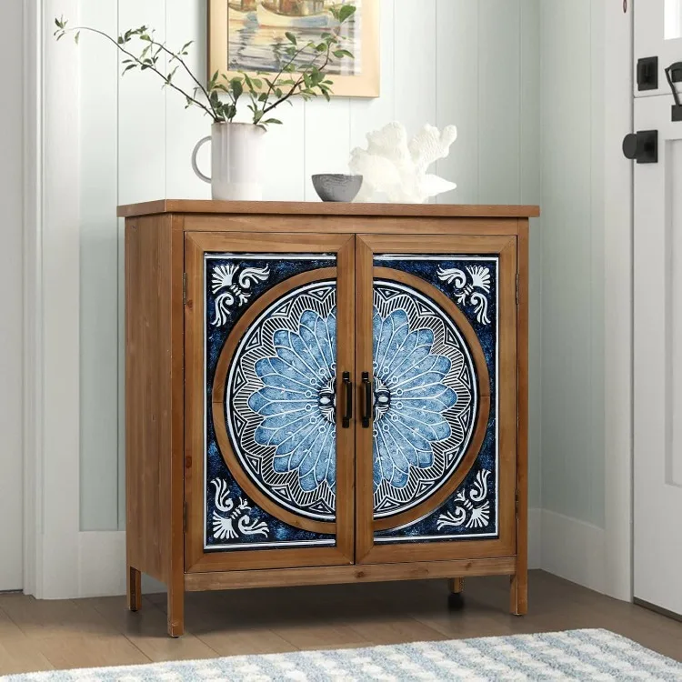 2-Door Accent Cabinet, Distressed Storage Cabinet with Blue and White Porcelain Pattern for Entryway Living Room