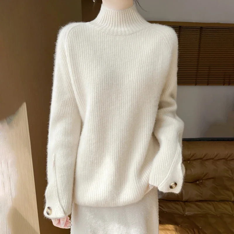

New solid color autumn/Winter 100% Merino wool cashmere pullover Women's semi-turtleneck pullover warm bottom knit shirt top