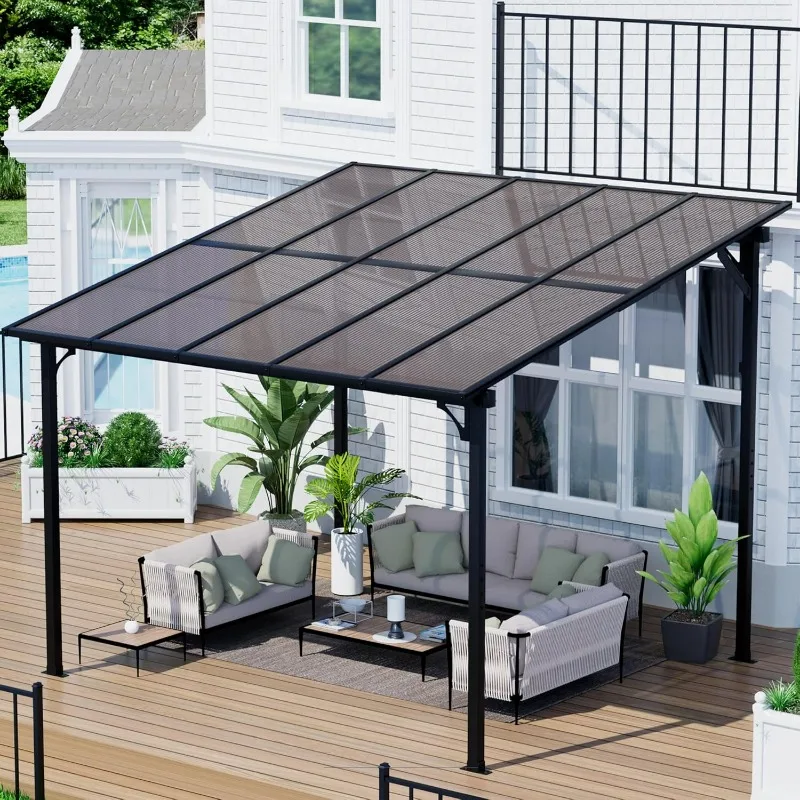 

10' x 10' Gazebo, Wall Mounted Lean to Gazebo Pergola on Clearance, Outdoor Hardtop Pergola for Patio, Backyard, Deck