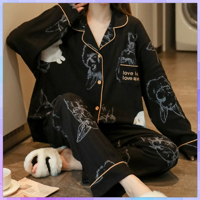 

Large Size 2Xl Casual Sleepwear Women's Pajamas Set Cotton 2PCS Shirt&Pants Lounge Wear Soft Home Clothes Pyjamas Nightwear Suit