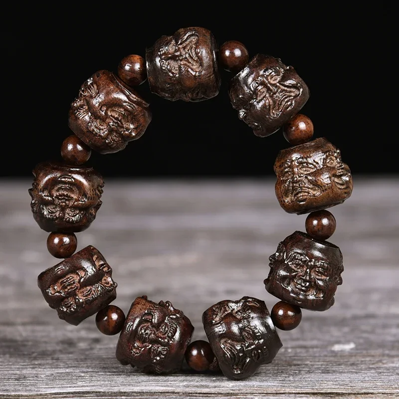 Leather Black Wood Skin Gray Carved Human Head Pixiu Bracelet Eighteen Arhat Bead