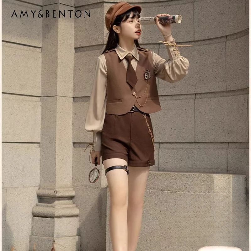 2024 New Japanese Women's Clothing Preppy Style Retro Vest Brown Color Long Sleeves Top Cuff Strap Design Shirt Shorts For Girl