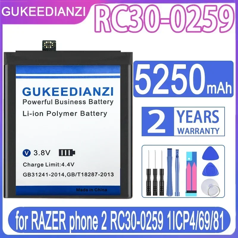 

Аккумулятор GUKEEDIANZI на 5250 мА · ч для телефона RAZER, 2 телефонных фонарика, аккумуляторы 1ICP4/69/81 + Бесплатные инструменты