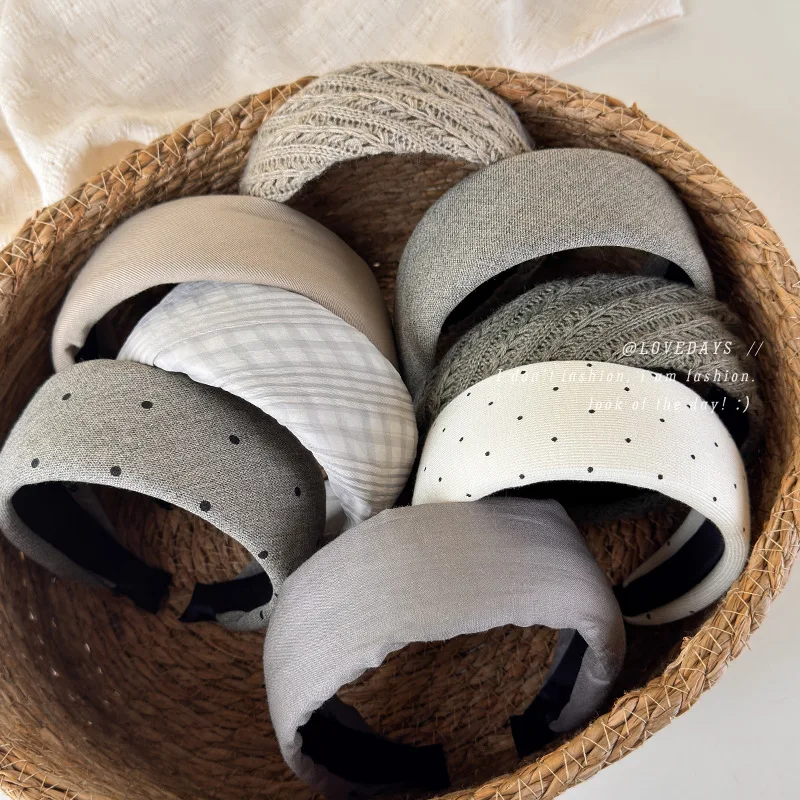 Acrylic Knitted Headband Oatmeal Gray Wide Band Low Saturation Plaid Polka Dot Autumn Winter Women Medium Soft Lightweight