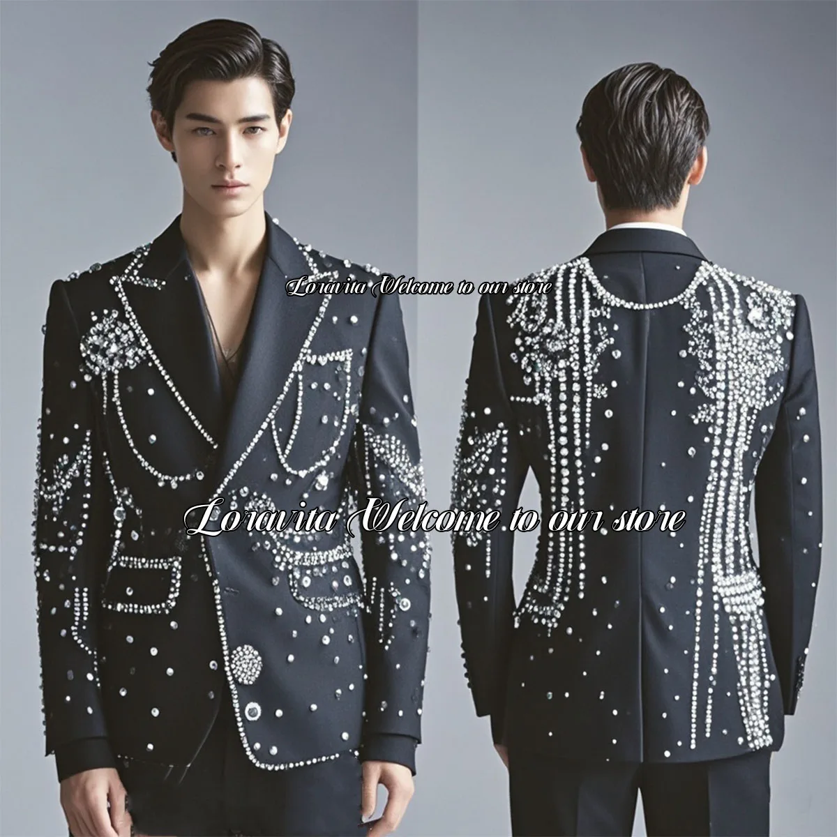 Customized Slim Fit Male Prom Blazers Sparkly Beaded Crystals Men Suits 2 Pieces Sets Groom Wedding Costume Homme Tuxedos