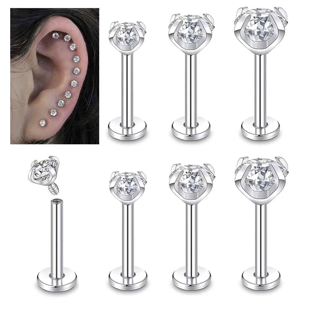 16G Stainless Steel CZ Gem Lip Rings Labret Monroe Nose Rings Helix Tragus Earring Studs Piercing Jewelry Kit