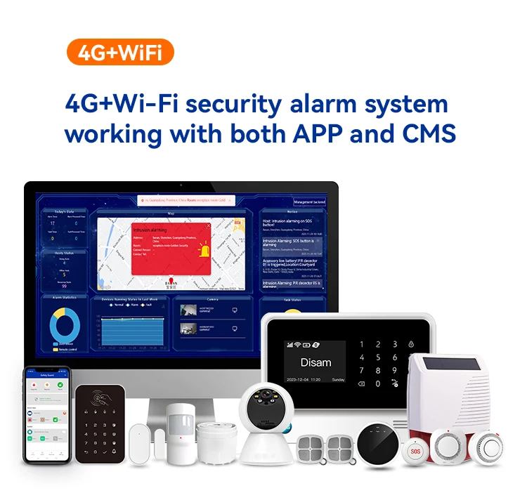 Wireless WiFi 4G Home Intrusion Security alarm system with built-in surveillance camera in APP and CMS