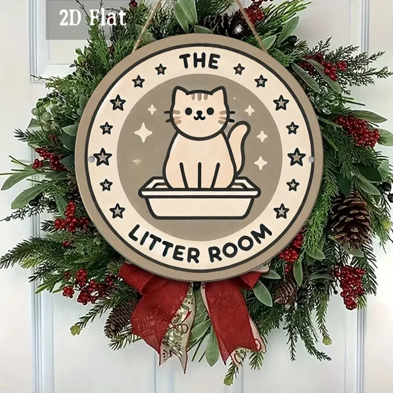 2D Flat - 1pc Cat-Themed Wooden Panel Artwork, Featuring a Whimsical Round Sign for a Litter Box. This Decorative Item Includes