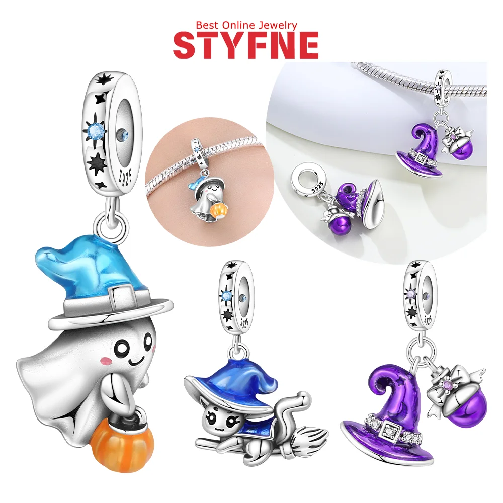 925 Silver Halloween Series Magic Cat Charms Imp Magic Hat Magic Potion Beads Pendant Fit Original Charms Bracelet DIY Jewelry