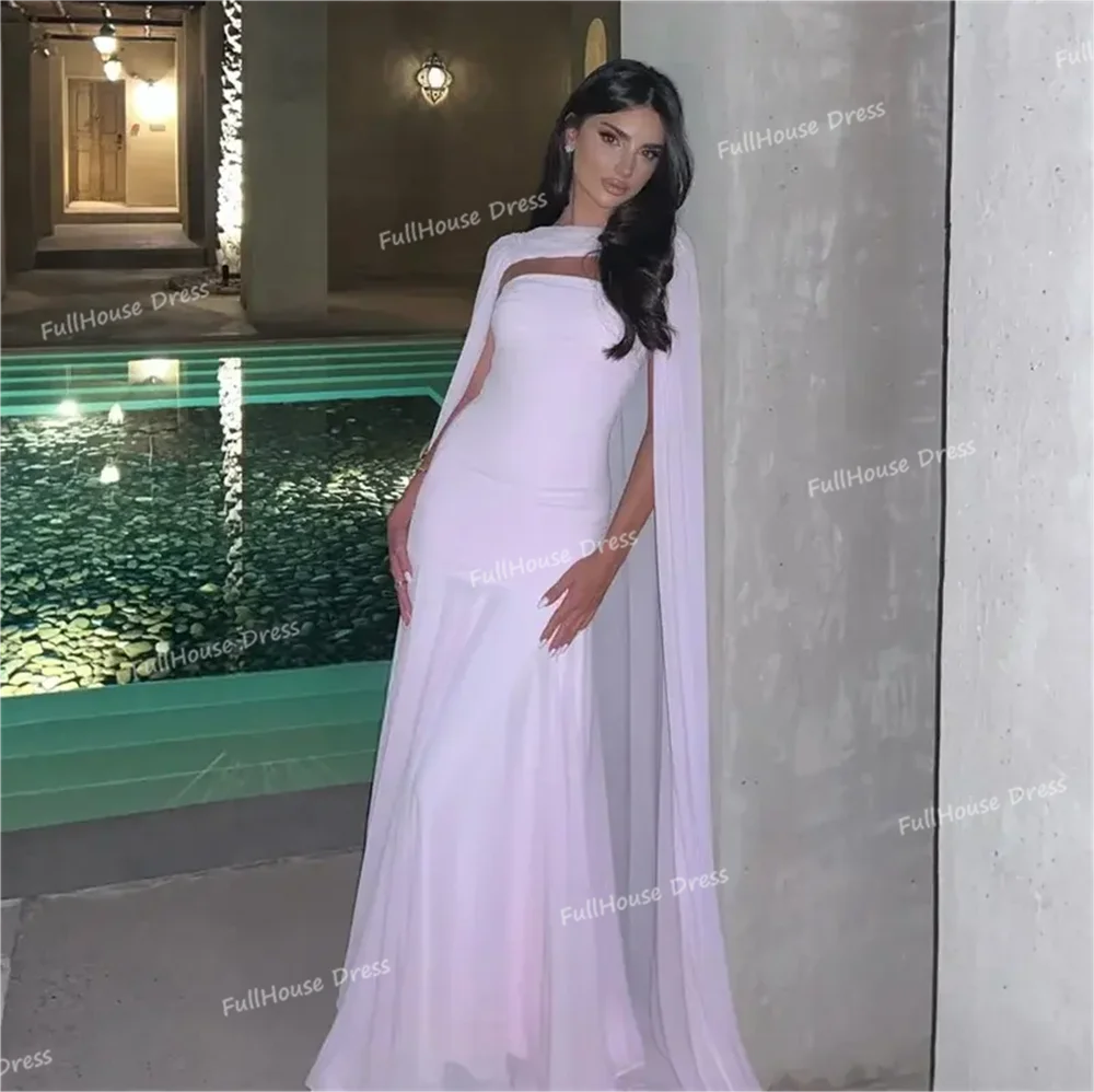 العرف الوردي قارب طوق مطوي المتدفقة ثوب مسائي مستقيم مثير عارية الذراعين الطابق طول فستان الحفلة الراقصة مع كيب للانفصال