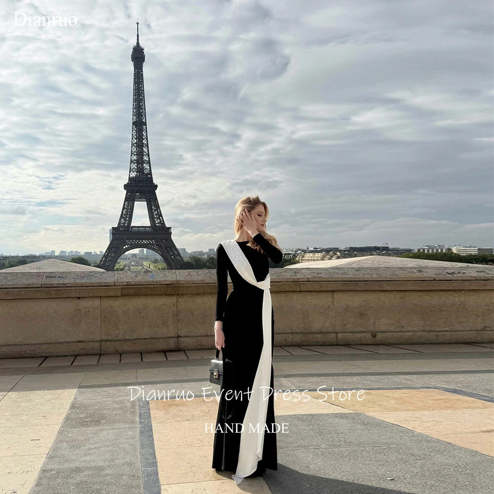 Dianruo Long Sleeves Evening Dress Black Floor Length Special Occasion Gowns Contrast Color Slim Fit Robes De Soire Customized