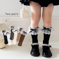 2 Pairs of Spring and Autumn Girl Lace Love Cute Bow Princess Sweet Mori Tie Kids Comfortable Solid Color Mid-tube Socks