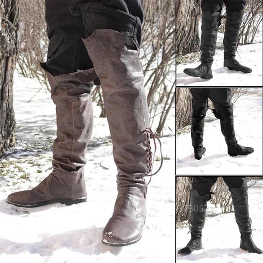 

Retro Men's Pirate Boots Medieval Costume High Boots Viking Cosplay Tall Knee High Lace Up Vintage Viking Shoes Middle Ages