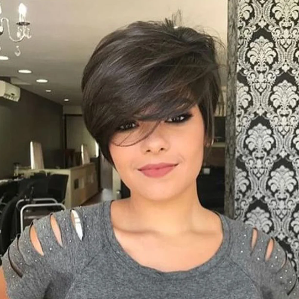 شعر مستعار قصير مستقيم بقص عابث، شعر مستعار قصير الطبقات مصنوع آليًا بالكامل، شعر مستعار طبيعي مع غرة للاستخدام اليومي #2