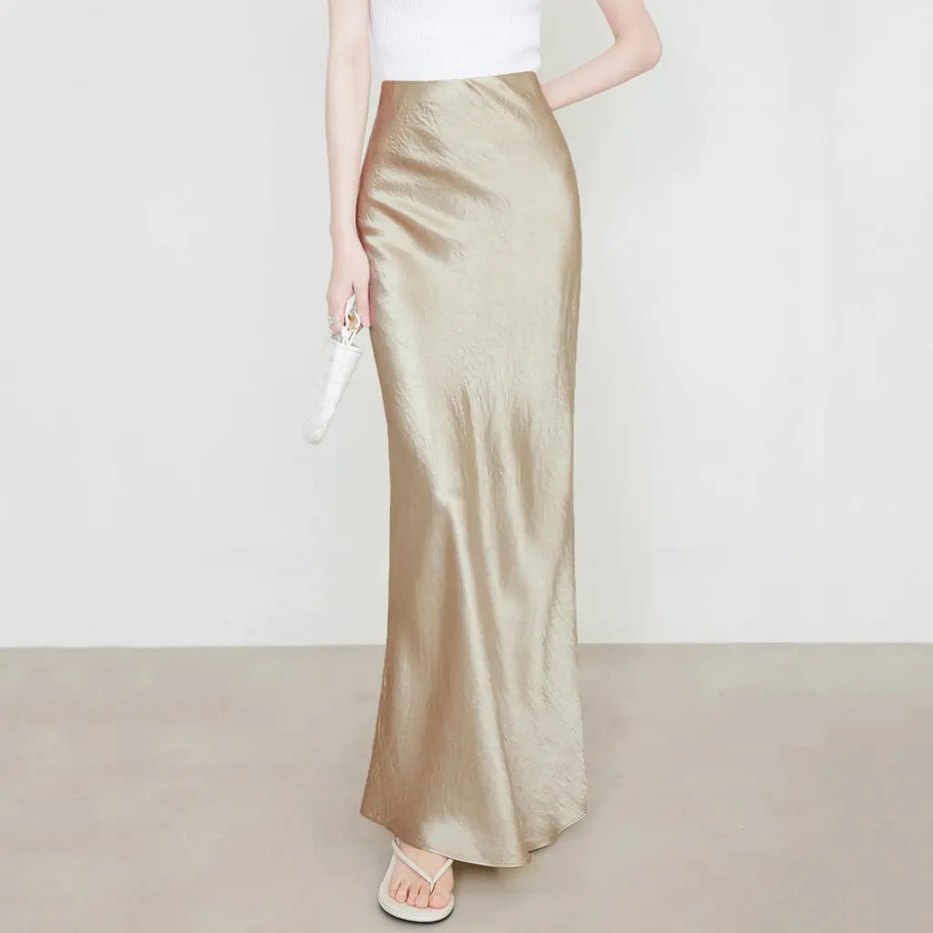 

Women's Summer High Waist Satin Skirt Hand-Grip Pattern Loose Fit European And American Elegant Solid Color Long Skirt