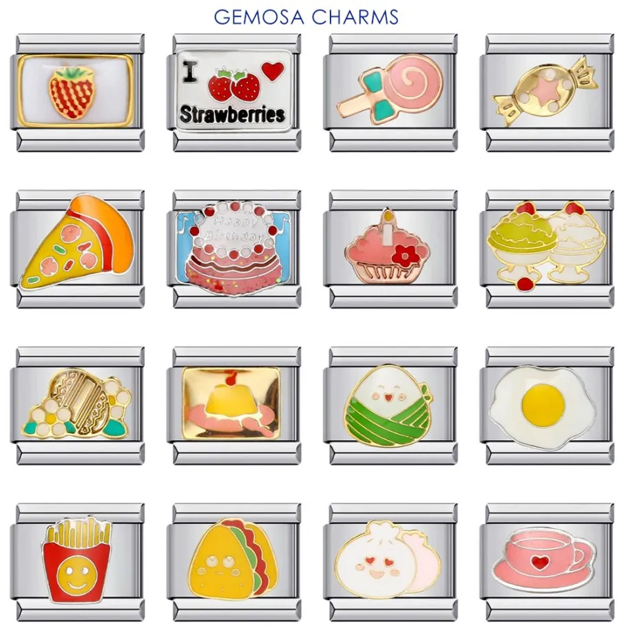 GEMOSA-eslabones de encanto de glaseado de huevos de Hamburgo para hacer joyas DIY, moda, pastel, café, Pizza, dulces, patatas fritas, pulsera de acero inoxidable, 9mm