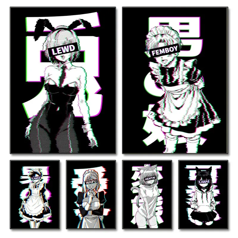 Anime Comic Neon Sexy Kawaii Cat Ears Girl Poster and Prints Canvas Printing Wall Art Picture for Living Room Bedroom Decor Gift