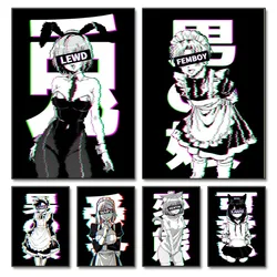 Anime Comic Neon Sexy Kawaii Cat Ears Girl Poster and Prints Canvas Printing Wall Art Picture for Living Room Bedroom Decor Gift