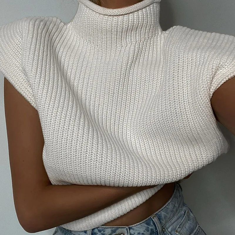 Turtleneck Sleeveless Women Vest Sweater 2023 White Shoulder pads Pullover Knitted Loose INS Autumn Winter Casual Jumper Sexy