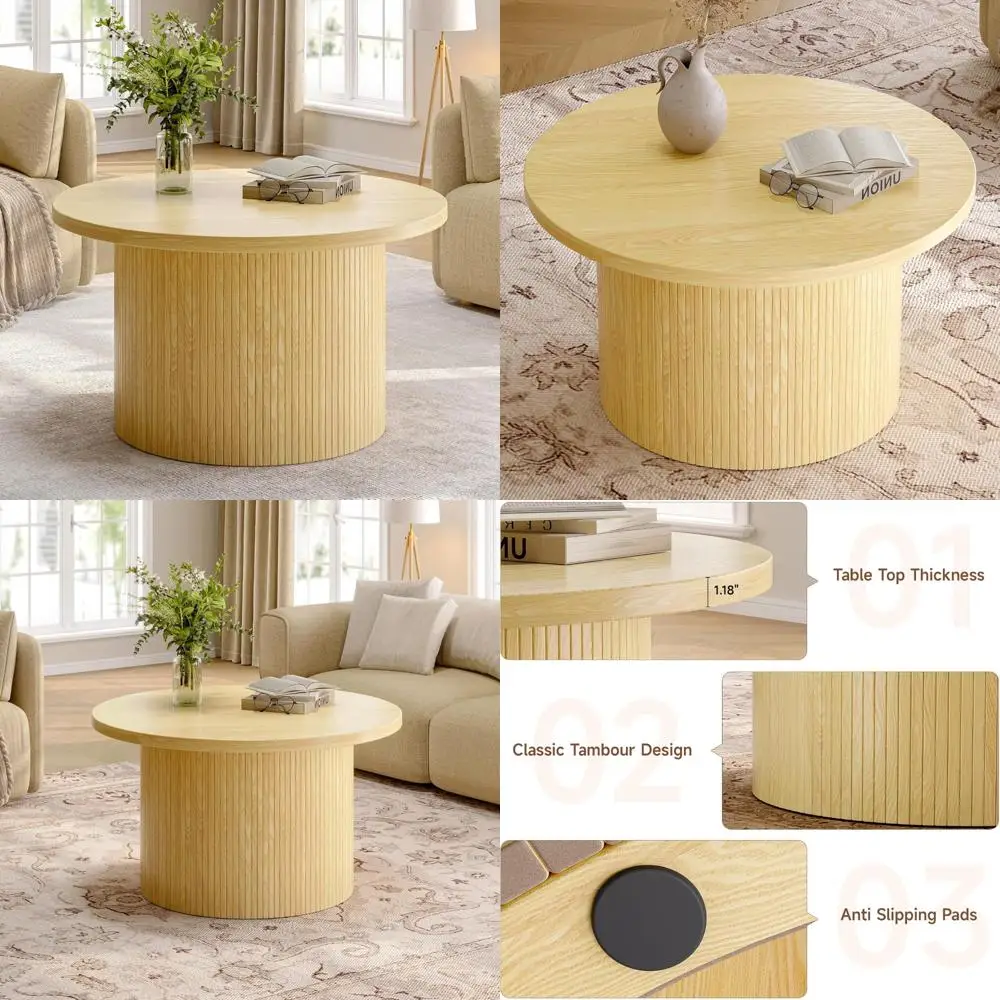 ONBRILL 31.5 Round Coffee Table, Tambour Design Coffee Tables for Living Room, Mid Century Modern Wood Coffee Table, Drum Accent