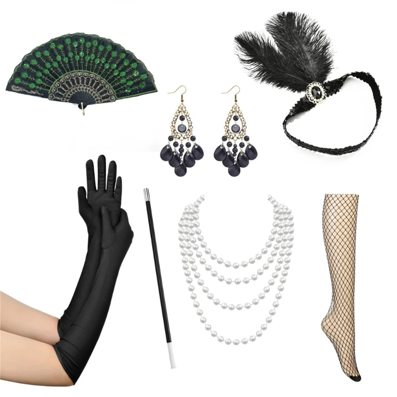 1920s Costume Women's Lapel Accessories Set Vintage Dress Up with Headband, Satins Gloves, Faux Pearl Necklace